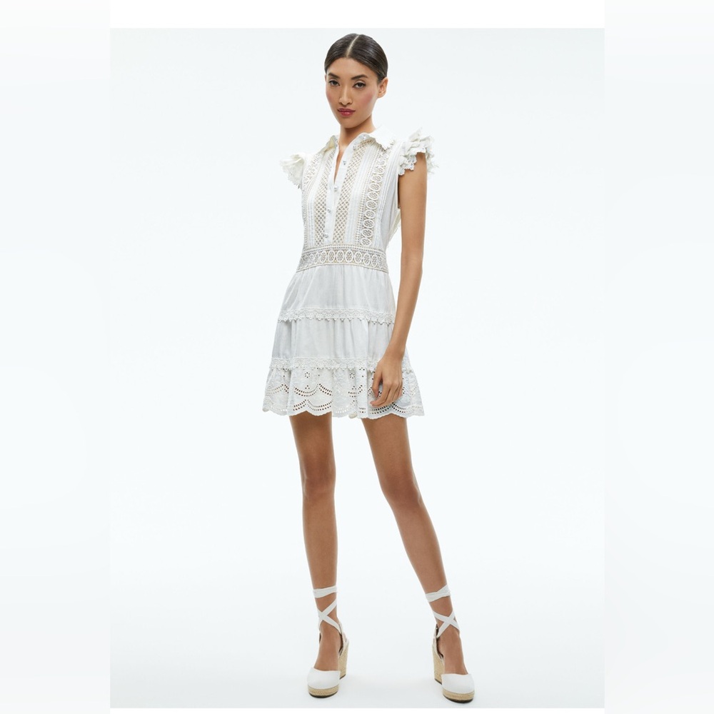 Alice + Olivia MEEKO EMBROIDERED RUFFLED SLEEVE SHIRT DRESS NWT WHITE SZ 10 - Picture 2 of 8